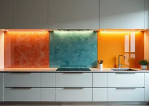 Современная кухня с разными видами кухонных фартуков МДФ ПВХ панели и скинали