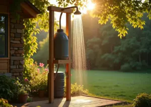 Летний душ на даче простая конструкция деревянного каркаса с бачком и душевой насадкой