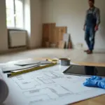 Планирование бюджетного ремонта в квартире: чертежи, образцы материалов и инструменты на фоне рабочего пространства