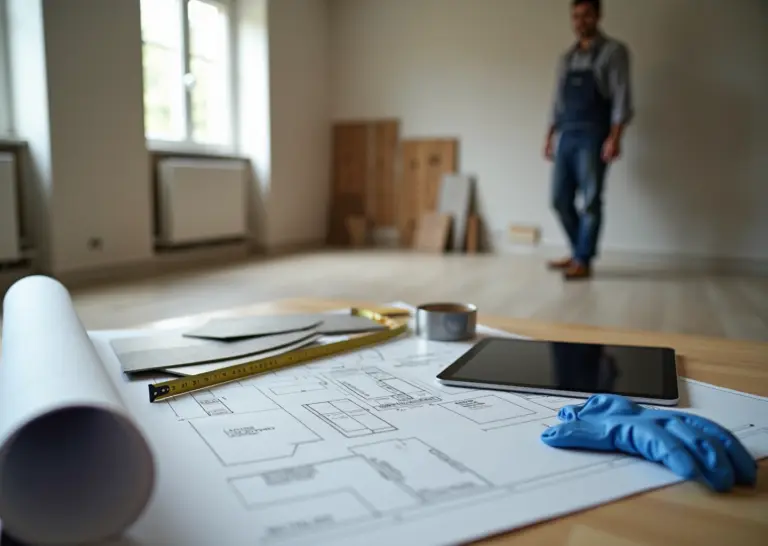 Планирование бюджетного ремонта в квартире: чертежи, образцы материалов и инструменты на фоне рабочего пространства