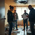 Затопленная квартира во время ремонта: люди фиксируют ущерб, ведра и тряпки на полу, представитель УК с актом