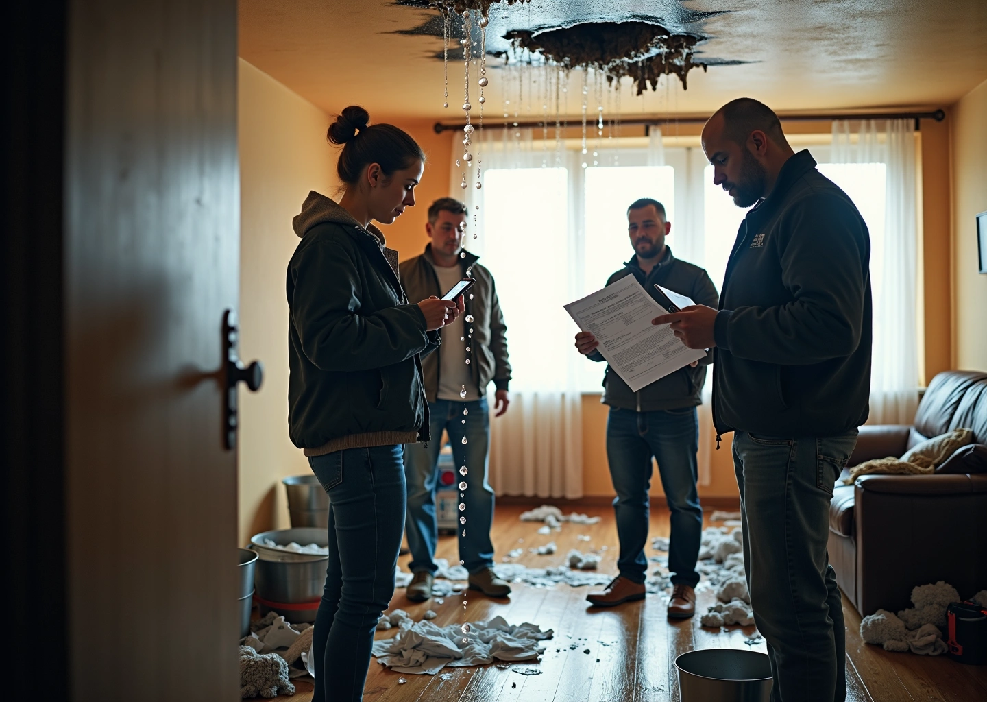Затопленная квартира во время ремонта: люди фиксируют ущерб, ведра и тряпки на полу, представитель УК с актом