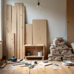 Остатки ламината, плитки и рулоны обоев рядом с инструментами и готовой полкой‑апсайклинг в квартире