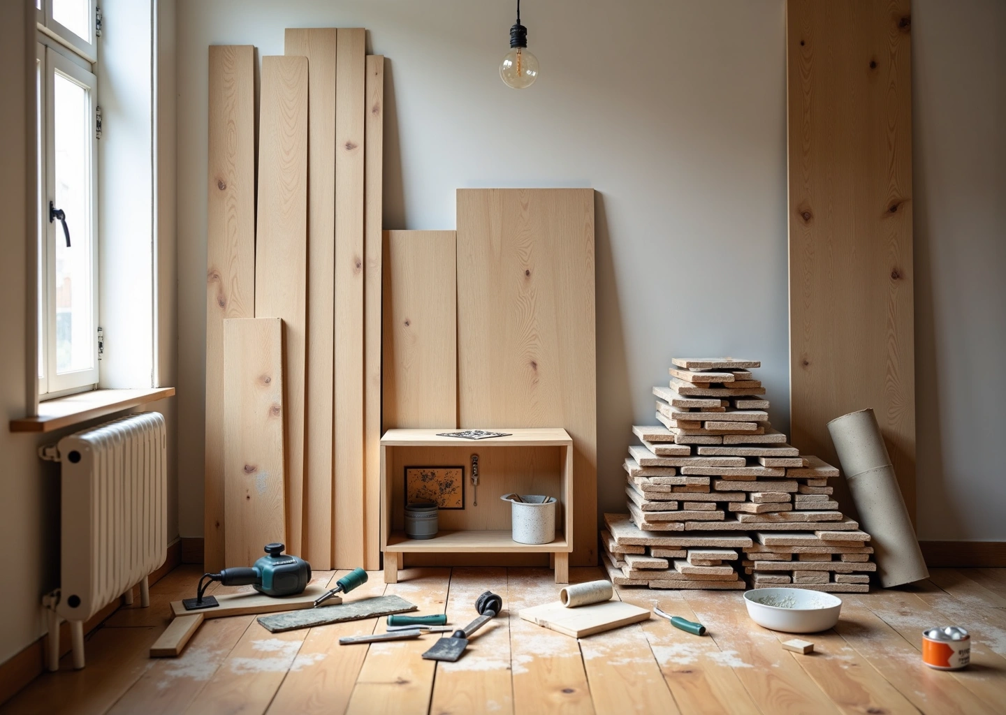 Остатки ламината, плитки и рулоны обоев рядом с инструментами и готовой полкой‑апсайклинг в квартире