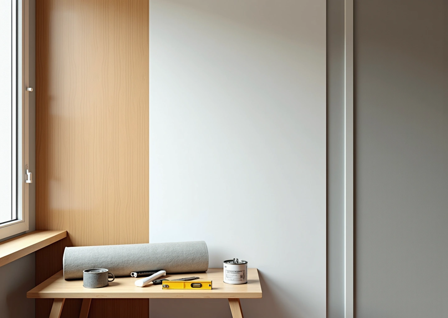 Внутренний балкон, разделённый на зоны: деревянная вагонка, ПВХ панели и декоративная штукатурка, инструменты и материалы для ремонта на переднем плане