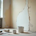 Комната во время ремонта: часть старых обоев, грунтовка и окрашивание валиком, ведро с краской и инструменты на полу