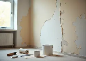 Комната во время ремонта: часть старых обоев, грунтовка и окрашивание валиком, ведро с краской и инструменты на полу