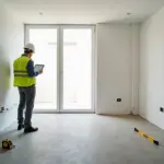 Интерьер квартиры white box с видимыми инженерными коммуникациями и актом приёмки.