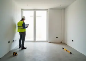 Интерьер квартиры white box с видимыми инженерными коммуникациями и актом приёмки.