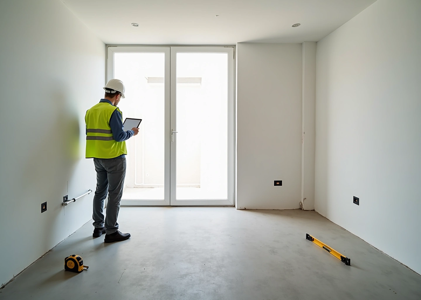 Интерьер квартиры white box с видимыми инженерными коммуникациями и актом приёмки.