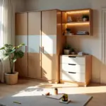 Переделанная мебель IKEA в светлой гостиной: KALLAX с фасадами и подсветкой, PAX с раздвижными дверями, MALM с новыми ручками