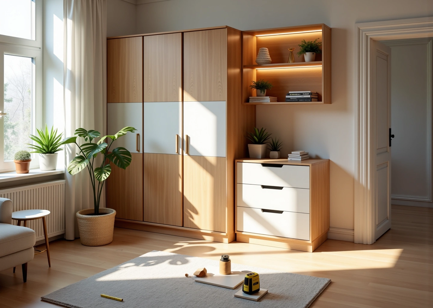 Переделанная мебель IKEA в светлой гостиной: KALLAX с фасадами и подсветкой, PAX с раздвижными дверями, MALM с новыми ручками