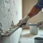 Начинающий мастер наносит гипсовую штукатурку на стену правилом рядом с маяками и ведром со смесью