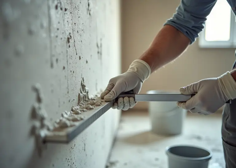 Начинающий мастер наносит гипсовую штукатурку на стену правилом рядом с маяками и ведром со смесью