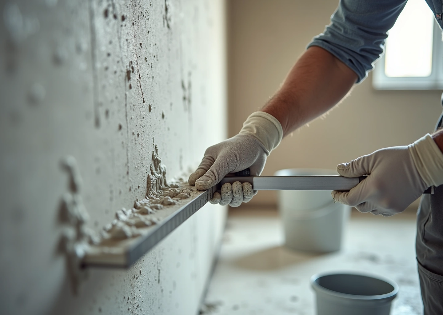 Начинающий мастер наносит гипсовую штукатурку на стену правилом рядом с маяками и ведром со смесью