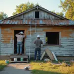 Дачный домик во время бюджетного ремонта: рабочие на лестнице, инструменты, материалы и обновлённая часть фасада