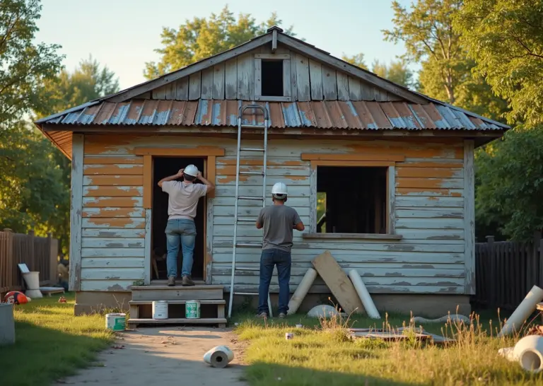 Дачный домик во время бюджетного ремонта: рабочие на лестнице, инструменты, материалы и обновлённая часть фасада