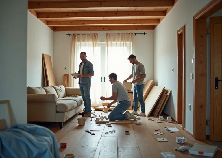 Современный интерьер дома в России с материалами для ремонта и инструментами, люди делают ремонт вместе