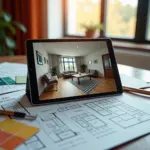 Цифровой дизайн-проект квартиры на планшете с инструментами для ремонта