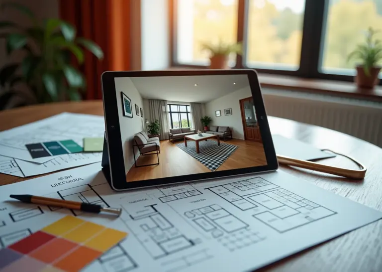 Цифровой дизайн-проект квартиры на планшете с инструментами для ремонта
